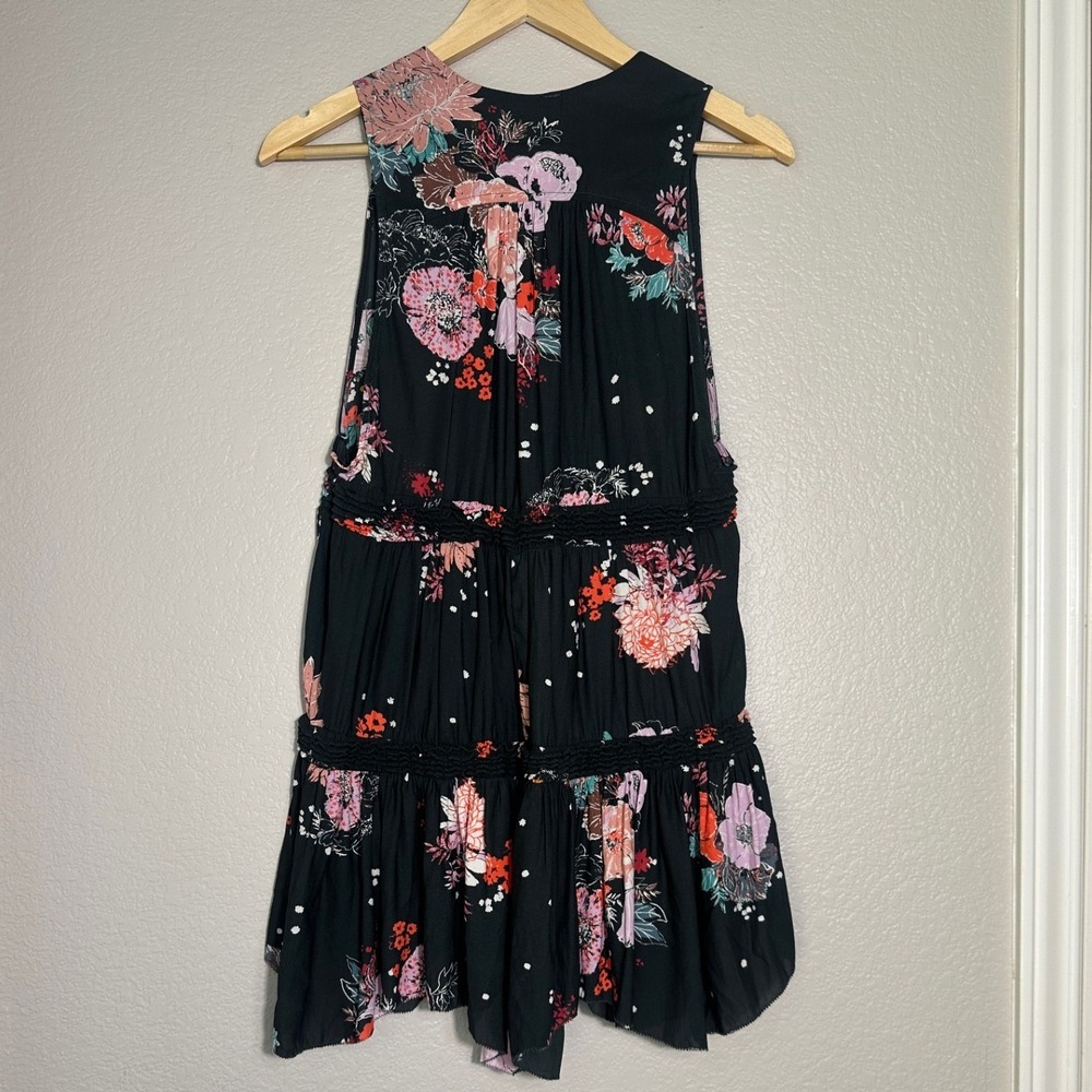 Free People Haze Black Floral Tunic Top XS Mini Dress Coverup Boho Country - Picture 4 of 11